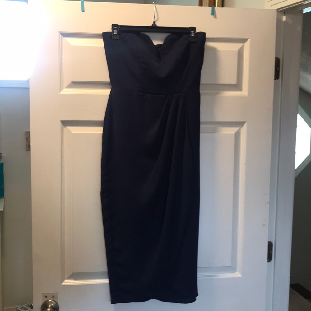 Navy strapless midi dress